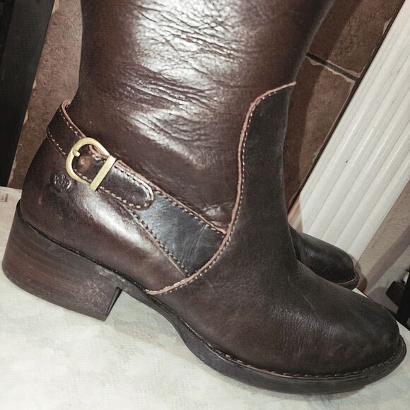 BORN GIBB Sz 6.5 Logo Brown Leather Tall Zip Western Country Boho Riding Boots - Picture 3 of 11
